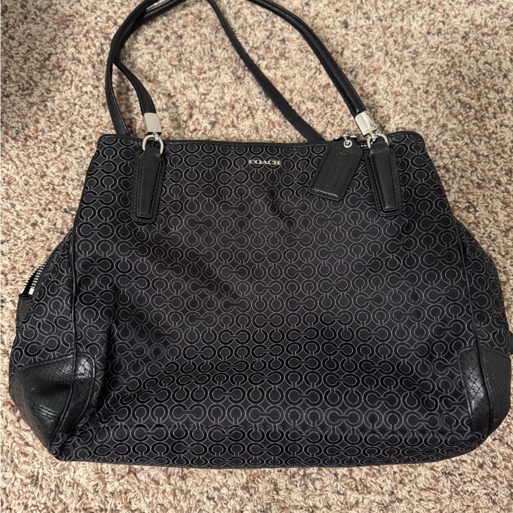 Coach Madison Signature Black C Maggie Purse Tote Bag Lining turquoise Blue